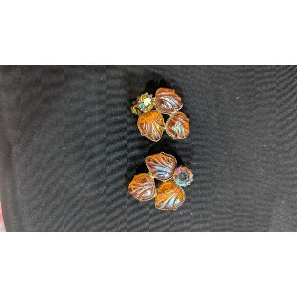 Vintage West Germany Amber Glass Clip-On Earrings Floral Design 1.25" Rhinestone - Picture 9 of 10